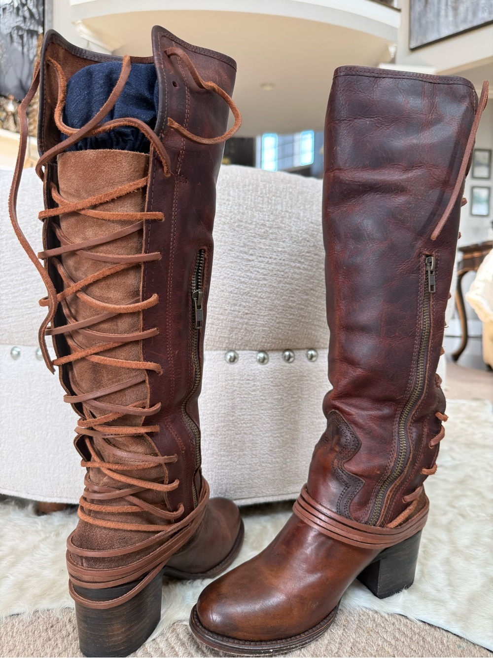 Freebird Leather Lace-Up Knee-High Boots in Cognac